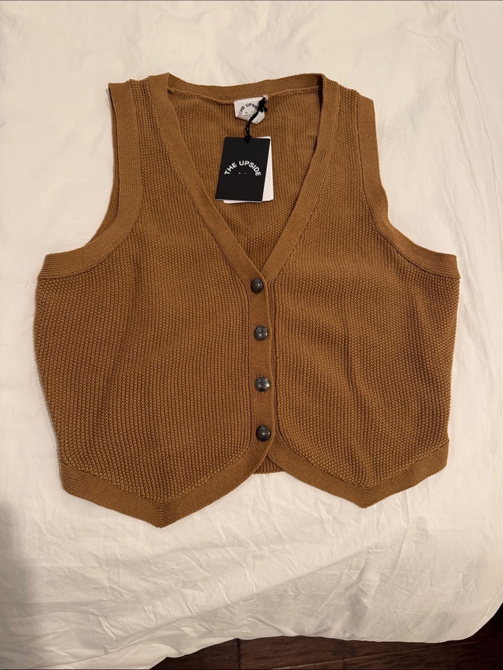 The Upside Caramel Ribbed Button-Front Knit Vest
